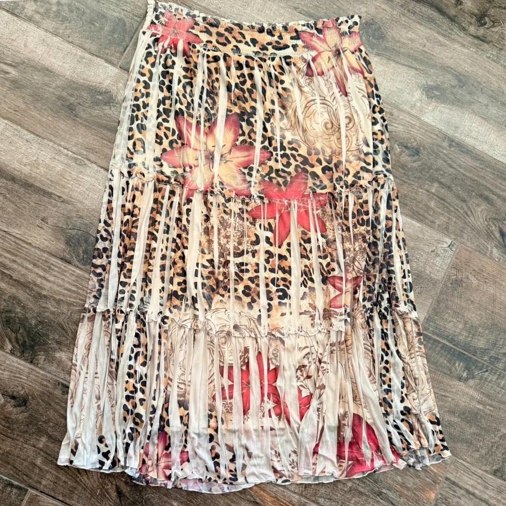 Lane Bryant Womens Leopard Floral Tiered Smocked Maxi Skirt, Tan, 14/16
